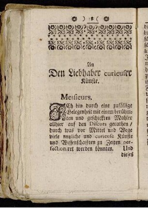 An Den Liebhaber curieuser Künste.
