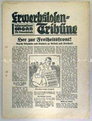 Mitteilungsblatt der SPD für Arbeitslose "Erwerbslosen- Tribüne" mit einem Aufruf zur "Freiheitsfront" gegen Hitler