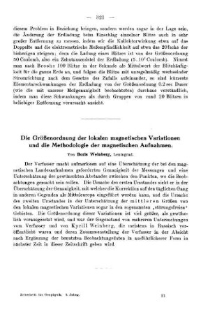 Die Größenordnung der lokalen magnetischen Variationen und die Methodologie der magnetischen Aufnahmen