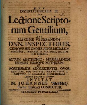 Dissertatiuncula III. De Lectione Scriptorum Gentilium
