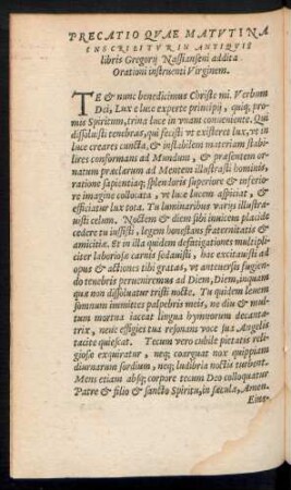 Precatio Quae Matutina Inscribitur In Antiquis libris Gregorii Nassianseni addita Orationi instruenti Virginem.