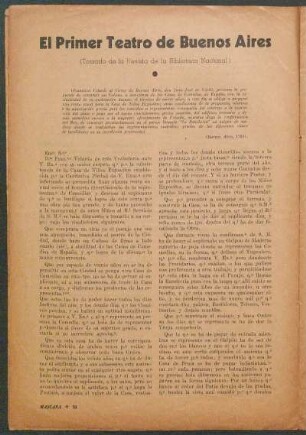 El Primer Teatro de Buenos Aires : (Tomado de la Revista de la Biblioteca Nacional)