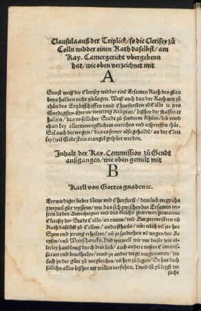 Inhalt der Kay. Commision zu Gendt ... oben gemelt mit B