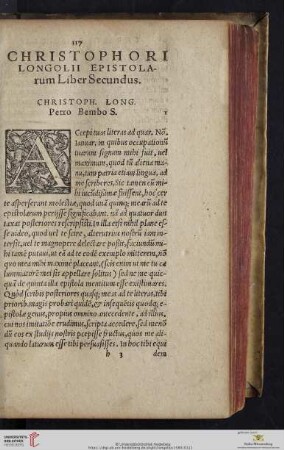 Christophori Longolii Epistolarum Liber Secundus