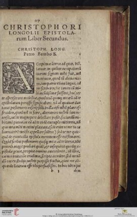 Christophori Longolii Epistolarum Liber Secundus