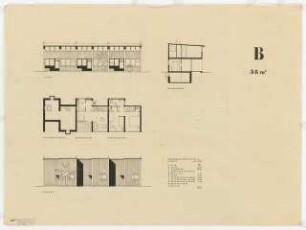 Wettbewerb VDS Bonn Sozialer Wohnungsbau: Typ B 58 qm: Grundriss, 2 Ansichten und Schnitt 1:100