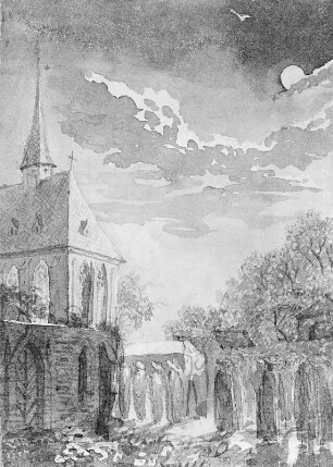 Kirche mit Leichenzug im Mondschein