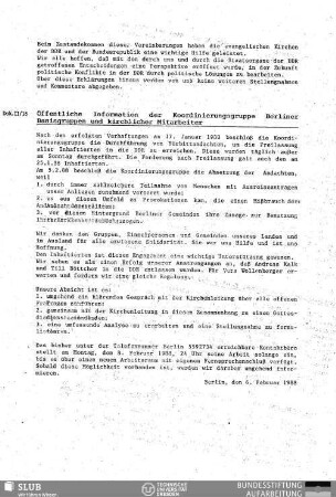 Dok. II/16. Öffentliche Information der Koordinierungsgruppe Berliner Basisgruppen und kirchlicher Mitarbeiter