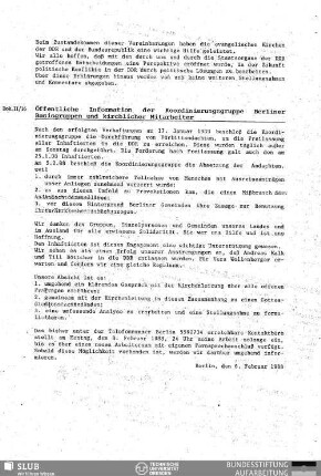 Dok. II/16. Öffentliche Information der Koordinierungsgruppe Berliner Basisgruppen und kirchlicher Mitarbeiter
