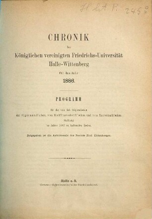 Chronik der Martin-Luther-Universität Halle-Wittenberg in Halle (Saale). 1886