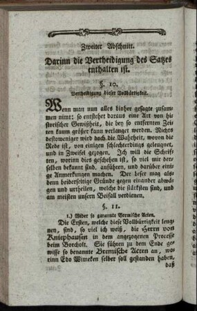 Zweiter Abschnitt. Darinn die Vertheidigung des Satzes enthalten ist.
