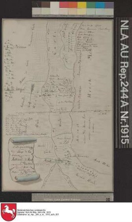 Lage der Ortschaften HOLTLAND und Hesel Kolorierte Zeichnung von J. N. Franzius Papier auf Leinen Format 42,6x27,4 M 1:17.950 (ca)