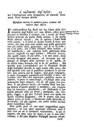II. Riflessioni sopra la maniera sinora creduta del nascere degl' Insetti