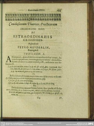 Exercitatio XXXII. De Extraordinariis Criminibus. Respondente Petro Meyderlin, Stuttgard.