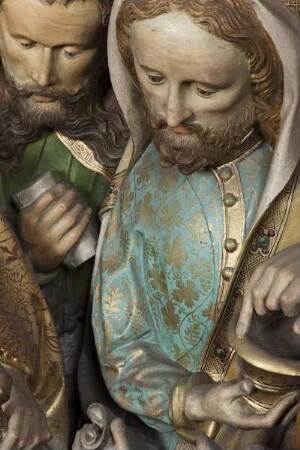Maria-Schlaf-Altar — Tod Mariens im Beisein der Apostel mit Aufnahme Mariens in den Himmel — Aspotel mit Weihwasserfass