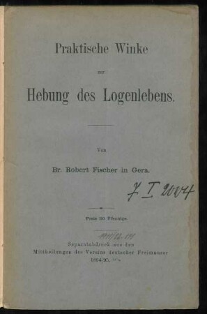 Praktische Winke zur Hebung des Logenlebens