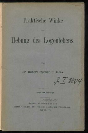 Praktische Winke zur Hebung des Logenlebens