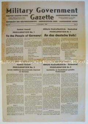 Amtliches Nachrichtenblatt der Militärregierung für Nordbaden "Military Government Gazette" mit der Proklamation No. 1 des Alliierten Kontrollrates (zweisprachig)