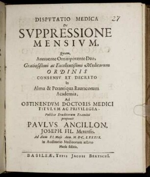 Disputatio Medica De Suppressione Mensium