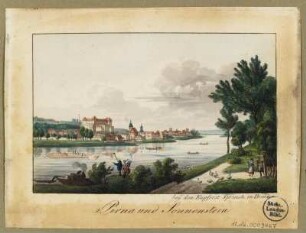 Stadtansicht von Pirna mit dem Sonnenstein und der Marienkirche, Radierung um 1815 : Pirna und Sonnenstein. / bey den Kupferst: Sprinck in Dresden. - [Dresden] , [ca. 1815]. - 1 Kunstblatt : Radierung ; 13,3 x 8,2 cm
