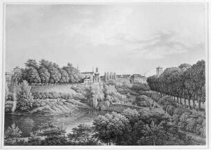Blick über den Zwingerteich nach dem Zwinger und der Ostra-Allee : Blick über den Zwingerteich nach dem Zwinger und der Ostra-Allee. Kupferstich, koloriert, um 1830