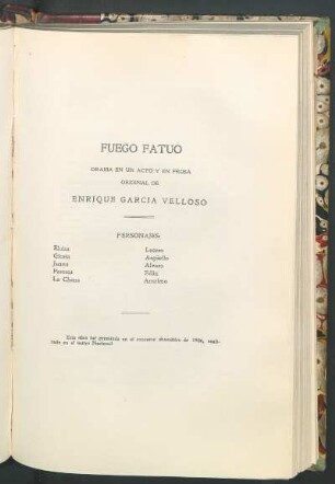 Fuego fatuo : Drama en un acto y en prosa