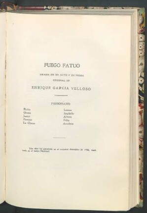 Fuego fatuo : Drama en un acto y en prosa