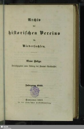 N.F.1847: Archiv des Historischen Vereins für Niedersachsen