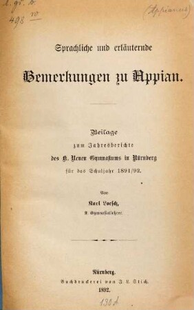 Sprachliche und erläuternde Bemerkungen zu Appian