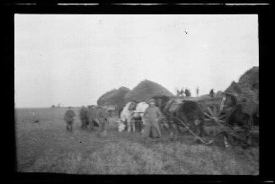 Nicht identifizierbare Gegend in Nordfrankreich oder Belgien: Soldaten beim Heumachen auf einem Feld, daneben ein Pferdegespann, im Hintergrund hohe Heuhaufen
