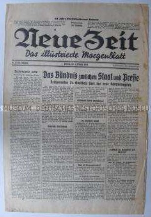 Berliner Tageszeitung "Neue Zeit" u.a. zum neuen Pressegesetz der Nationalsozialisten (Schriftleitergesetz)