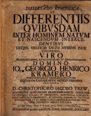 Diss. epist. de differentiis quibusdam, inter hominem natum et nascendum intercedentibus deque vestigiis divini numinis inde colligendis