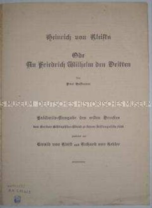 Faksimiledruck von Kleists Ode an Friedrich Wilhelm den Dritten