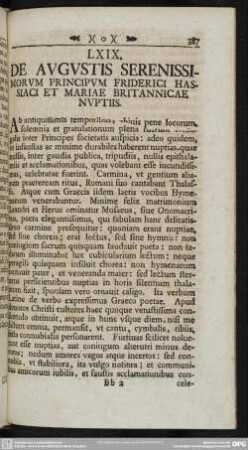 LXIX. De Augustis Serenissimorum Principum Friderici Hassiaci et Mariae Britannicae nuptiis