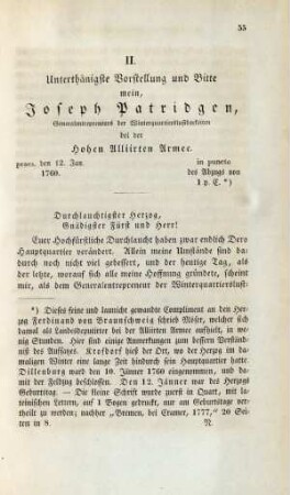 II. Unterthänigste Vorstellung und Bitte mein, Joseph Patridgen, Generalentrepreneurs der Winterquartierslustbarkeiten bei der Hohen Alliirten Armee