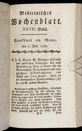 XXVII. Stück. Frankfurt am Mayn, den 5. Julii 1788. - XXX. Stück. Frankfurt am Mayn, den 26. Julii 1788.