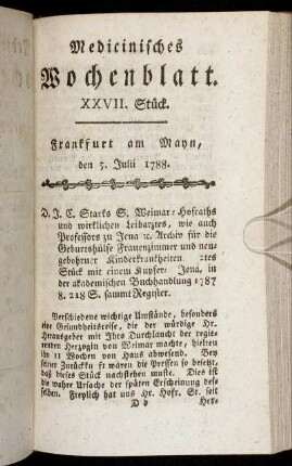 XXVII. Stück. Frankfurt am Mayn, den 5. Julii 1788. - XXX. Stück. Frankfurt am Mayn, den 26. Julii 1788.