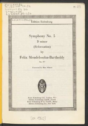 Symphony no. 5 : D minor : (Reformation) : Op. 107
