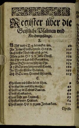 Register über die Geistliche Psalmen und Kirchengesänge.
