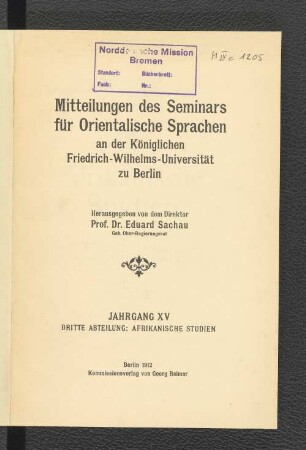15.1912: Mitteilungen des Seminars für Orientalische Sprachen an der Friedrich Wilhelms-Universität zu Berlin