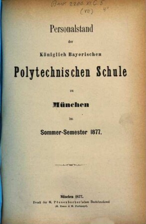 Personalstand der Königlich-Bayerischen Polytechnischen Schule zu München, 1876/77 (1877)