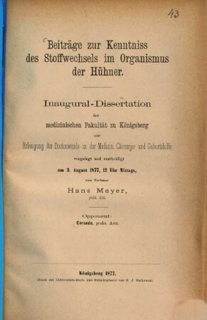 Beiträge zur Kenntniss des Stoffwechsels im Organismus der Hühner : Von Hans Meyer. (Inauguraldissertation.)