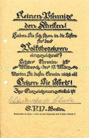 Aufruf der SPD zur Einzeichnung für das Volksbegehren zur entschädigungslosen Enteignung der Fürsten