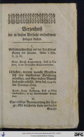 Verzeichniß der in diesem Versuche enthaltenen heiligen Reden.