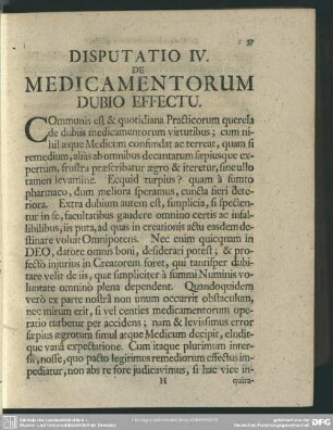 Disputatio IV. De Medicamentorum Dubio Effectu