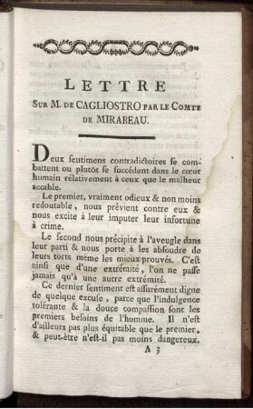 Lettre Sur M. De Cagliostro Par Le Comte De Mirabeau.