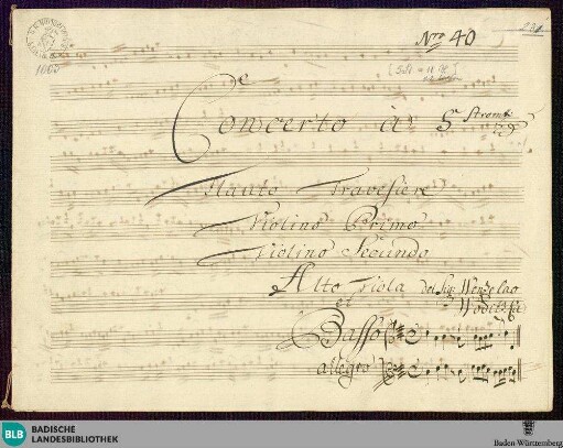 Concertos - Mus. Hs. 1003 : fl, vl (2), a-vla, b; D; GroF 686