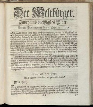 Zwey und dreißigstes Blatt. Berlin, Donnerstags den 7. September 1741.