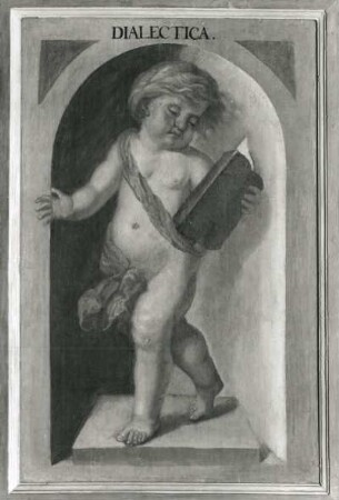 Putto mit Buch als Dialectica (Aus: Die sieben freien Künste) : Putto mit Buch als Dialectica (Aus: Die sieben freien Künste). Öl? auf Holz (wohl 1655/1684; C. Schiebling und C. Wiebel zugeschrieben). Radebeul, Hoflößnitz, Berg- und Lusthaus, Berg- und Lusthaus, Wohnraum der Kurfürstin