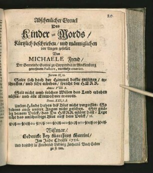 Abscheulicher Greuel Des Kinder-Mords/ Kürtzlich beschrieben/ und männiglichen vor Augen gestellet